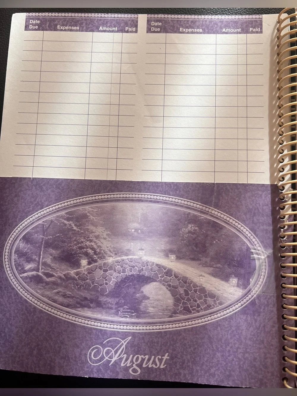 Thomas Kinkade 12 Month Spiral Bill Organizer - Purple with Cottage Artwork